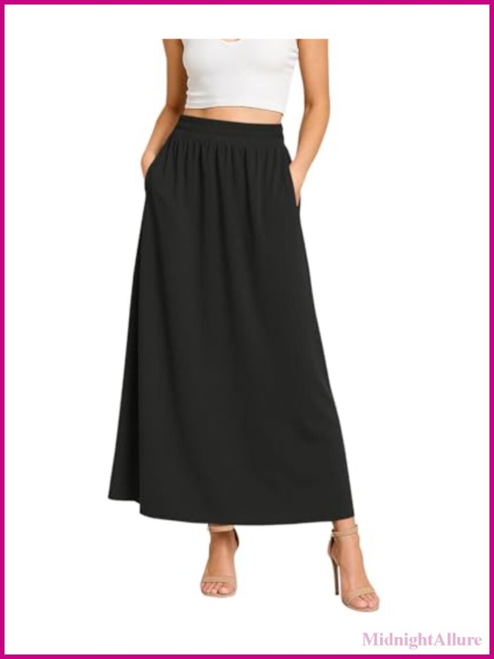 Flowy Maxi Skirt Elastic High Waisted A-Line Long Skirt with Pockets